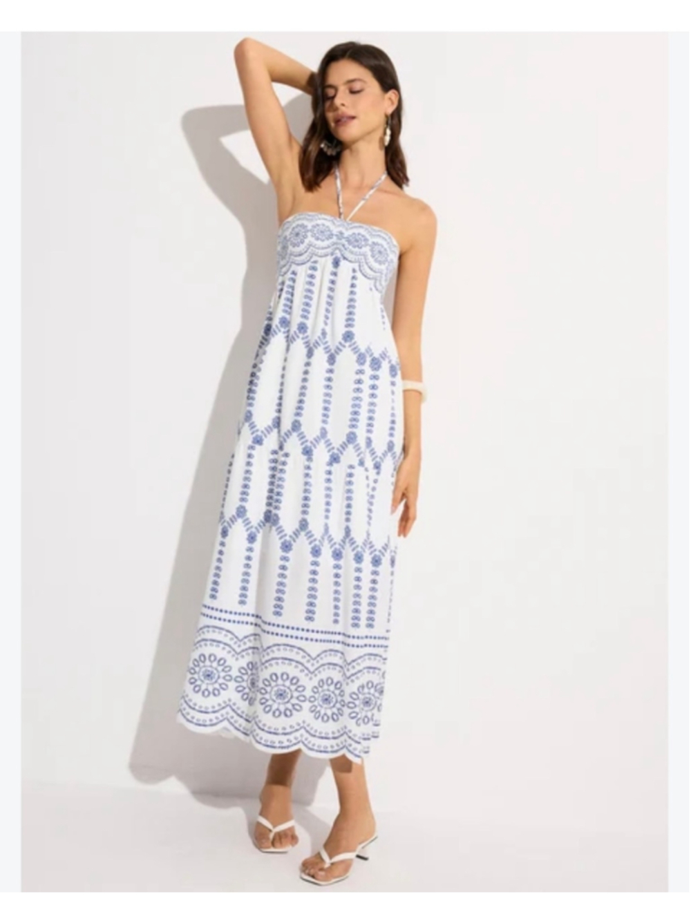 Commense White Blue Halter Maxi Dress Size S Euro Summer Vacation Resort
